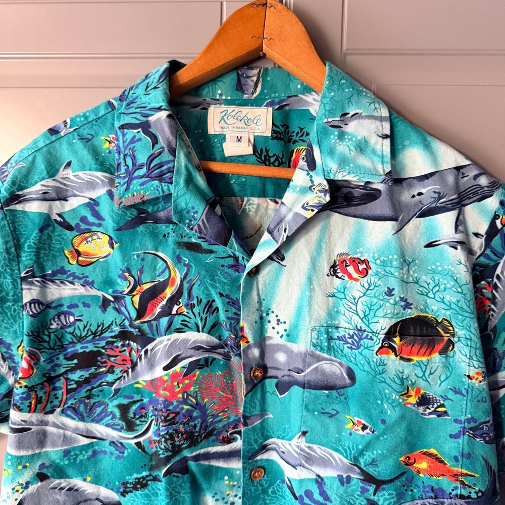 Kolekole Vintage Mens Hawaiian Marine Life Aloha Shirt, Teal, M - Picture 3 of 12